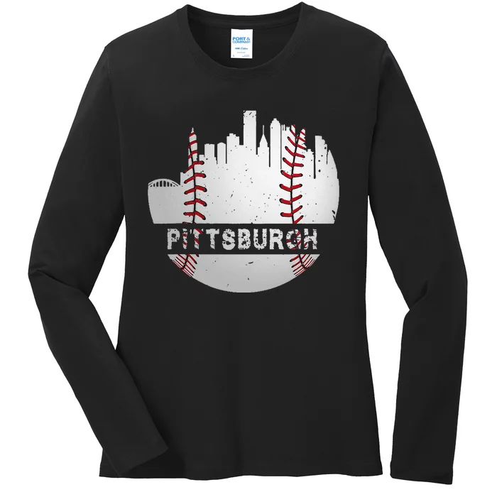 Pittsburgh Baseball Cityscape Distressed Novelty Pirate Gift Ladies Long Sleeve Shirt