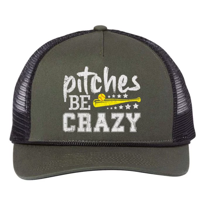 Pitches Be Crazy Funny Softball Pitcher Fast Slow Pitch Cool Gift Retro Rope Trucker Hat Cap