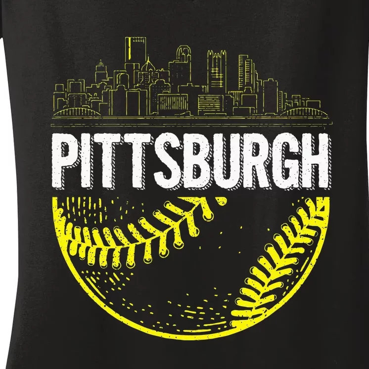 Pittsburgh Baseball Cityscape Distressed Women's V-Neck T-Shirt