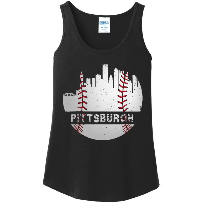 Pittsburgh Baseball Cityscape Distressed Novelty Pirate Gift Ladies Essential Tank