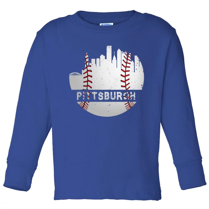 Pittsburgh Baseball Cityscape Distressed Novelty Pirate Gift Toddler Long Sleeve Shirt