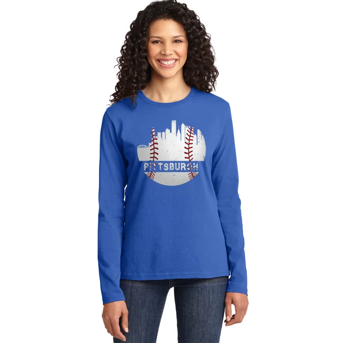 Pittsburgh Baseball Cityscape Distressed Novelty Pirate Gift Ladies Long Sleeve Shirt