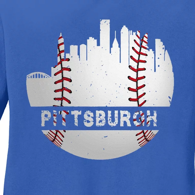 Pittsburgh Baseball Cityscape Distressed Novelty Pirate Gift Ladies Long Sleeve Shirt