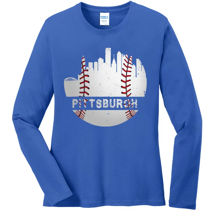 Pittsburgh Baseball Cityscape Distressed Novelty Pirate Gift Ladies Long Sleeve Shirt