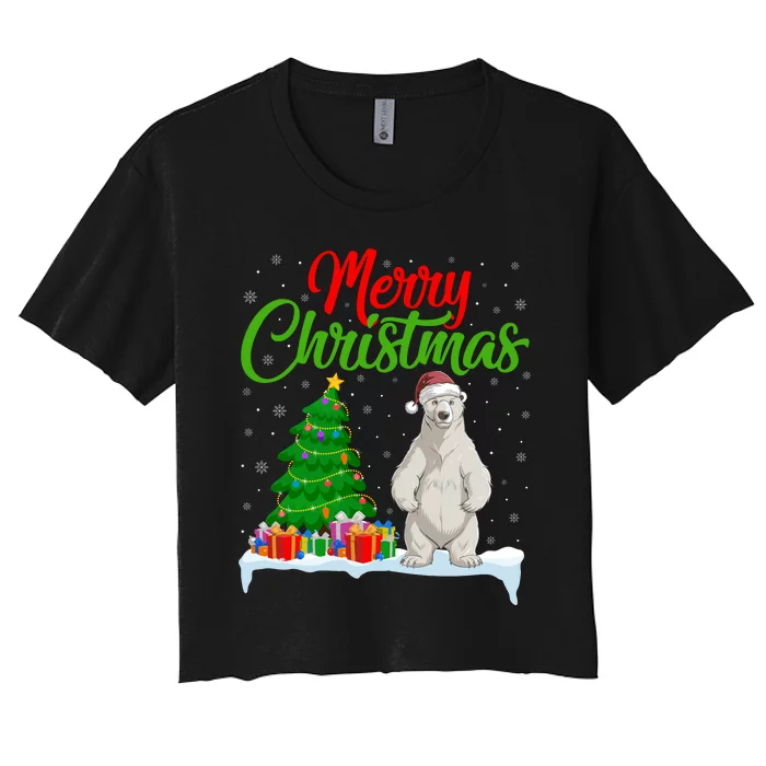 Polar Bear Christmas Tree Lights Funny Xmas Polar Bear Lover Women's Crop Top Tee