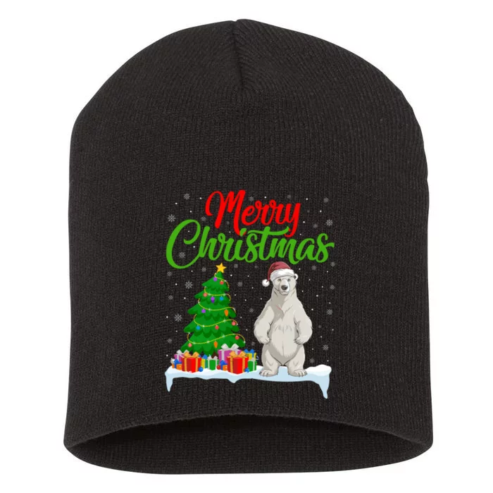 Polar Bear Christmas Tree Lights Funny Xmas Polar Bear Lover Short Acrylic Beanie