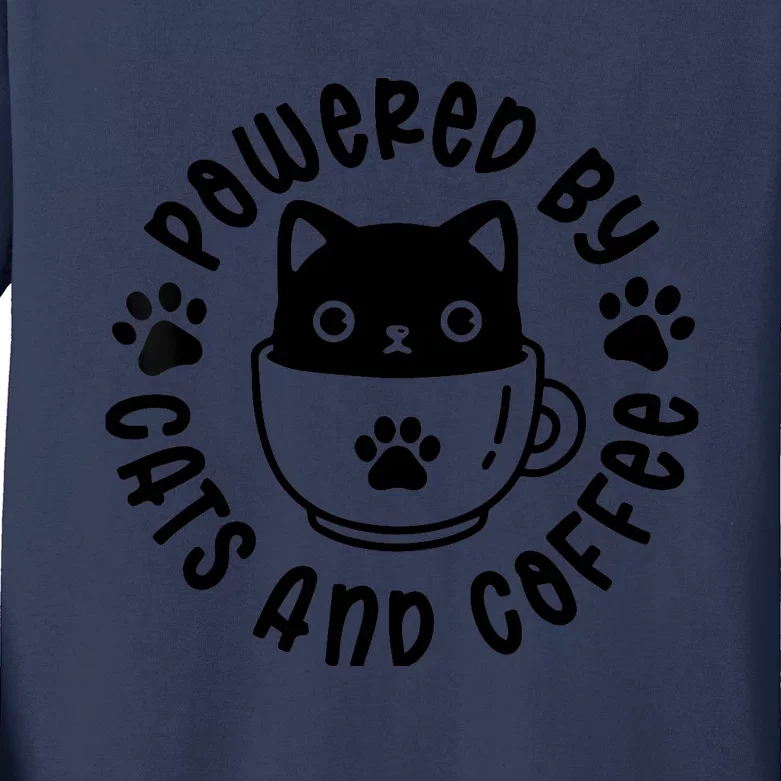 Powered By Cats And Coffee Kids Long Sleeve Shirt