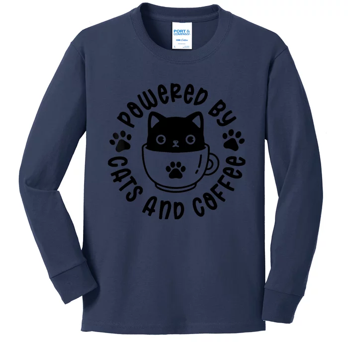 Powered By Cats And Coffee Kids Long Sleeve Shirt