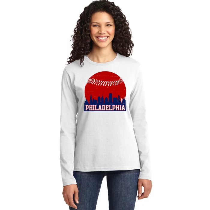 Philadelphia Baseball City Skyline Ladies Long Sleeve Shirt