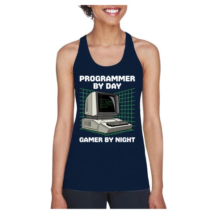 Programmer By Day Gamer By Night Funny IT Nerd Geek Women's Racerback Tank