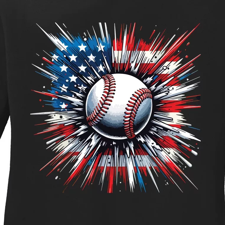 Patriotic Baseball Design Usa American Flag Boy 4th Of July Ladies Long Sleeve Shirt