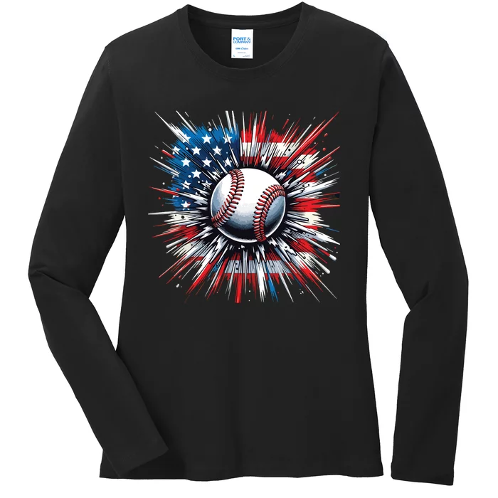 Patriotic Baseball Design Usa American Flag Boy 4th Of July Ladies Long Sleeve Shirt