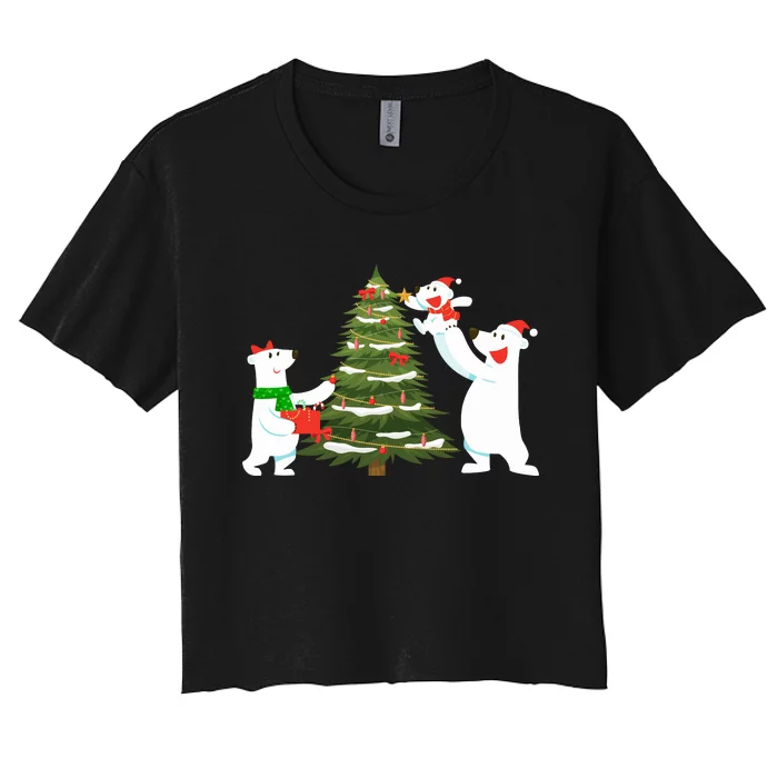 Polar Bear Family With Christmas Tree Women's Crop Top Tee