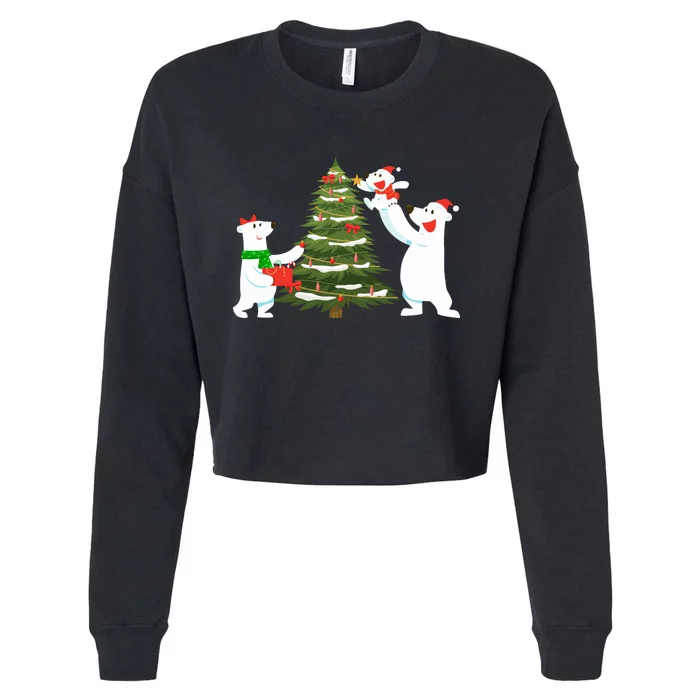 Polar Bear Family With Christmas Tree Cropped Pullover Crew