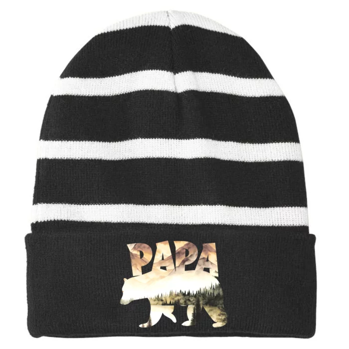 Papa Bear Forest Lake Mountain Scene Outdoors FatherS Day Striped Beanie with Solid Band