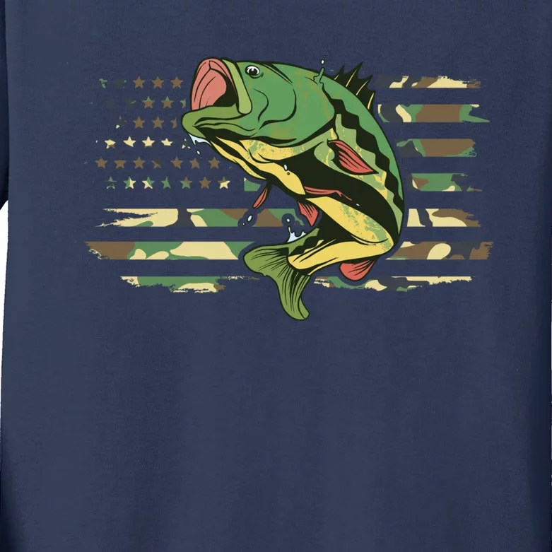 Patriotic Bass Fishing American Flag Fish Fisherman Gift Kids Long Sleeve Shirt