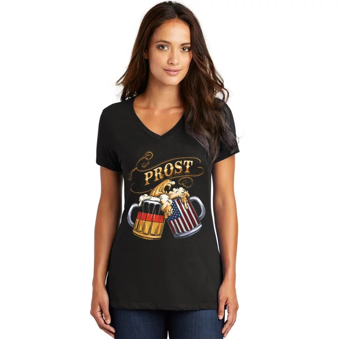 Prost Beer German American Flag Oktoberfest Women's V-Neck T-Shirt