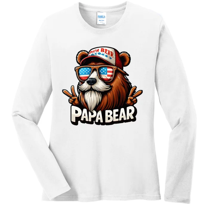 Papa Bear Gift Us American Flag Best Dad Ladies Long Sleeve Shirt