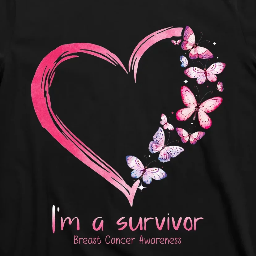 Pink Butterfly Heart Im A Survivor Breast Cancer Awareness T-Shirt