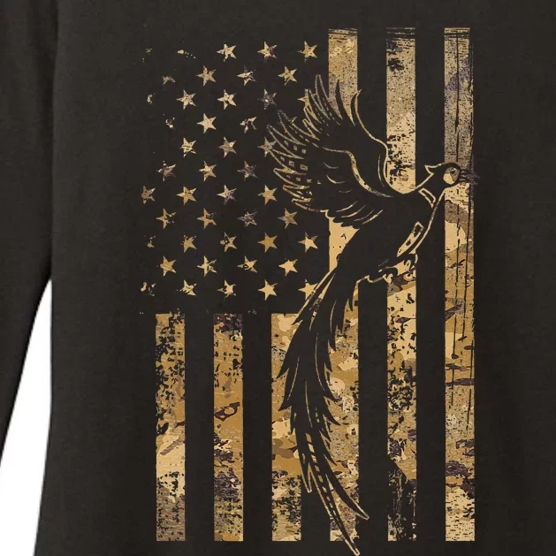 Pheasant Bird Hunter American Flag Camouflage Pheasant Hunt Womens CVC Long Sleeve Shirt