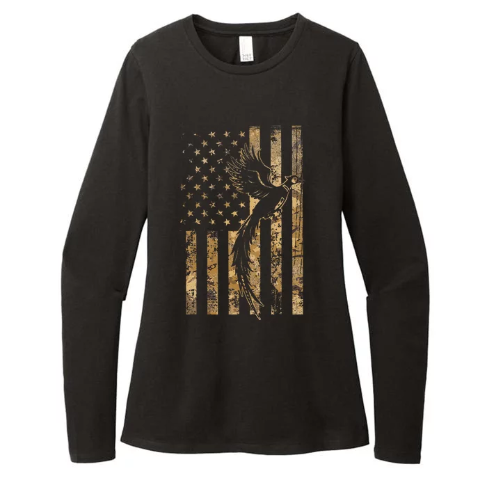 Pheasant Bird Hunter American Flag Camouflage Pheasant Hunt Womens CVC Long Sleeve Shirt