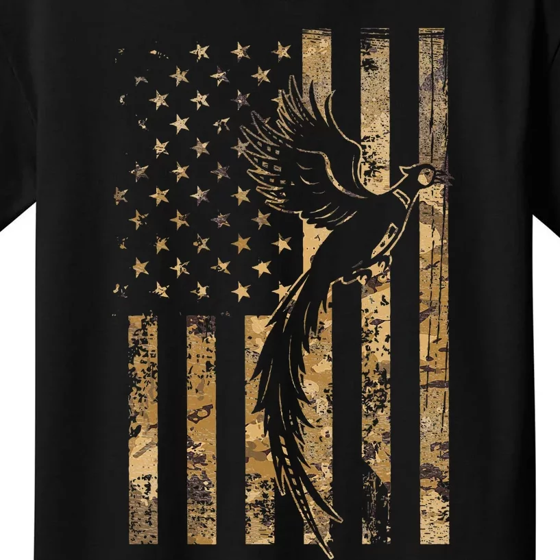 Pheasant Bird Hunter American Flag Camouflage Pheasant Hunt Kids T-Shirt