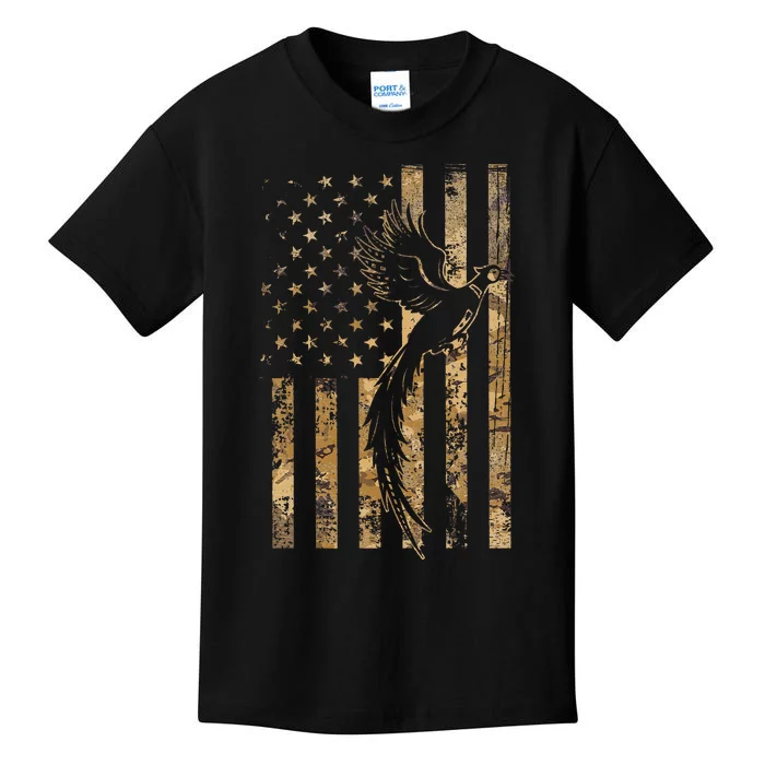 Pheasant Bird Hunter American Flag Camouflage Pheasant Hunt Kids T-Shirt