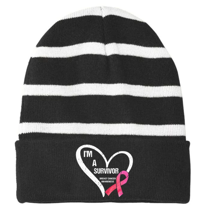 pink butterfly heart im a survivor breast cancer awareness Striped Beanie with Solid Band