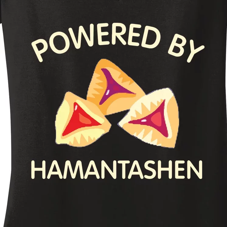 Powered By Hamantashen Happy Purim Costume Party Jewish Women's V-Neck T-Shirt