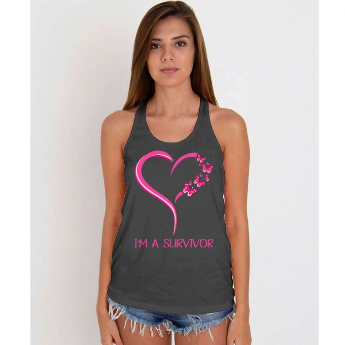 Pink Butterfly Heart IM A Survivor Breast Cancer Awareness Women's Knotted Racerback Tank