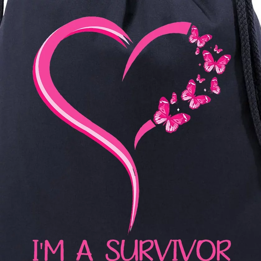 Pink Butterfly Heart IM A Survivor Breast Cancer Awareness Drawstring Bag