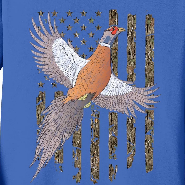 Pheasant Bird Hunting Usa American Flag Tree Camouflage Great Gift Kids Long Sleeve Shirt