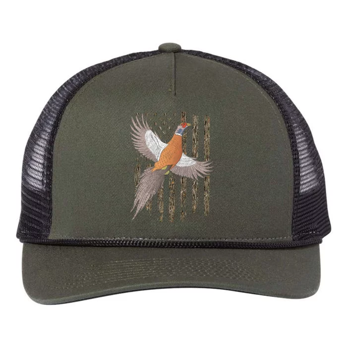 Pheasant Bird Hunting Usa American Flag Tree Camouflage Great Gift Retro Rope Trucker Hat Cap