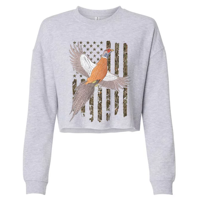 Pheasant Bird Hunting Usa American Flag Tree Camouflage Great Gift Cropped Pullover Crew