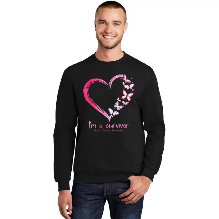 Pink Butterfly Heart Im A Survivor Breast Cancer Awareness Tall Sweatshirt