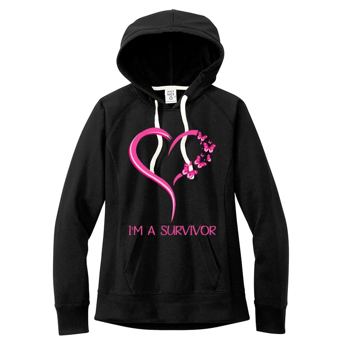 Pink Butterfly Heart IM A Survivor Breast Cancer Awareness Women's Fleece Hoodie