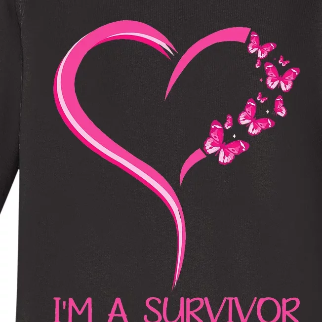 Pink Butterfly Heart IM A Survivor Breast Cancer Awareness Baby Long Sleeve Bodysuit