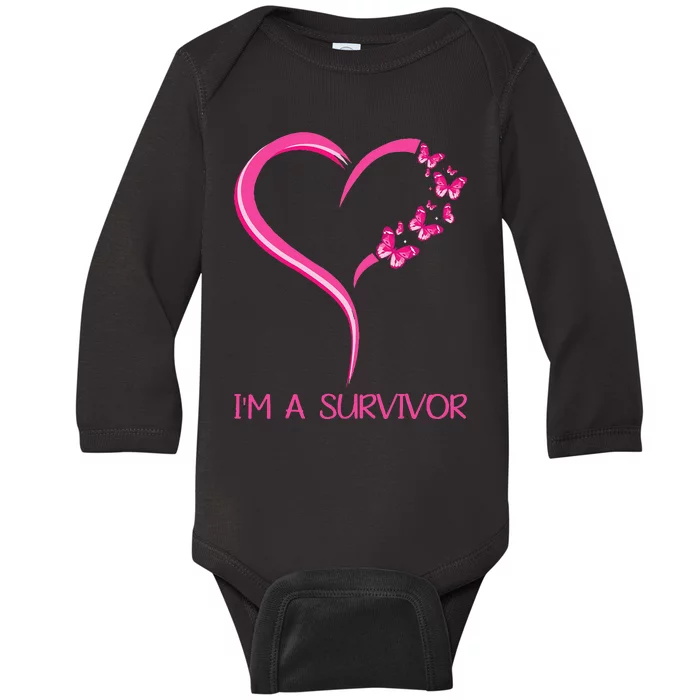 Pink Butterfly Heart IM A Survivor Breast Cancer Awareness Baby Long Sleeve Bodysuit