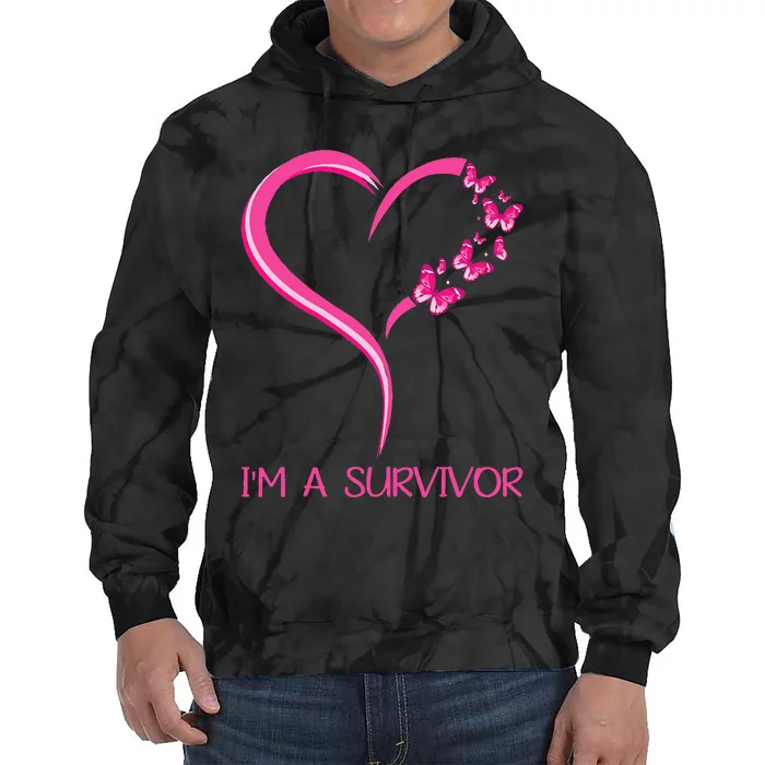 Pink Butterfly Heart IM A Survivor Breast Cancer Awareness Tie Dye Hoodie