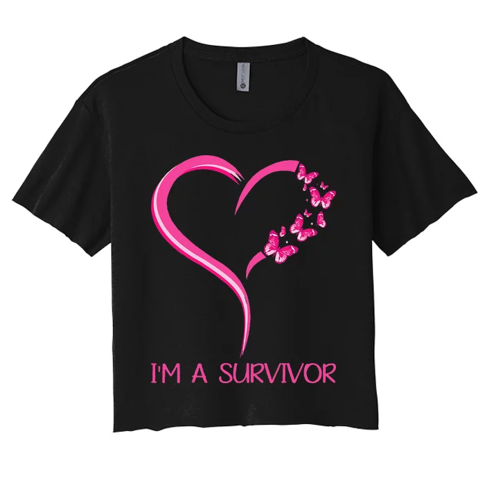 Pink Butterfly Heart IM A Survivor Breast Cancer Awareness Women's Crop Top Tee