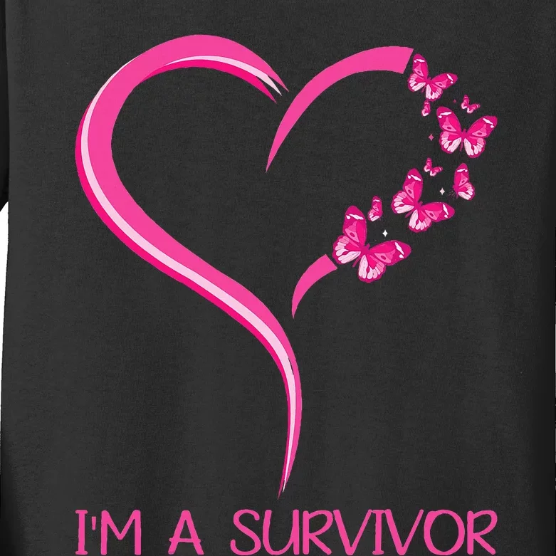 Pink Butterfly Heart IM A Survivor Breast Cancer Awareness Kids Long Sleeve Shirt