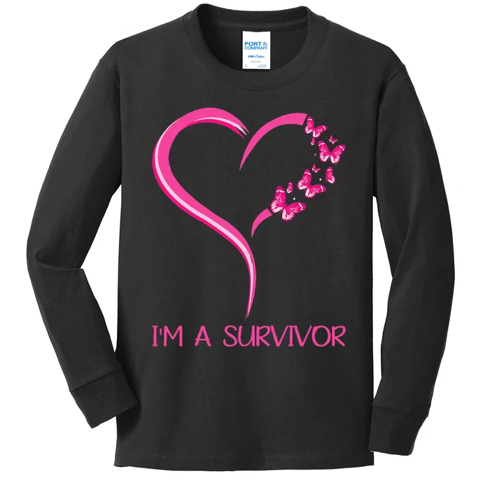 Pink Butterfly Heart IM A Survivor Breast Cancer Awareness Kids Long Sleeve Shirt