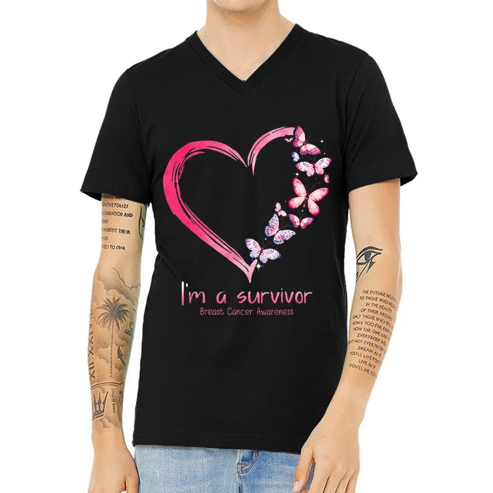 Pink Butterfly Heart Im A Survivor Breast Cancer Awareness V-Neck T-Shirt