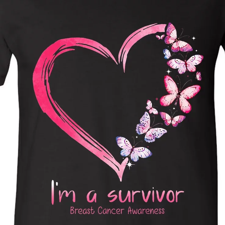 Pink Butterfly Heart Im A Survivor Breast Cancer Awareness V-Neck T-Shirt