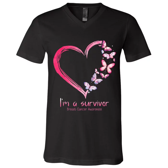 Pink Butterfly Heart Im A Survivor Breast Cancer Awareness V-Neck T-Shirt