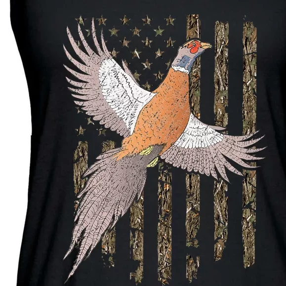 Pheasant Bird Hunting Usa American Flag Tree Camouflage Ladies Essential Flowy Tank