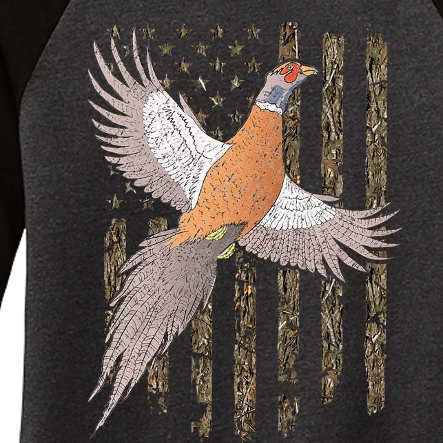 Pheasant Bird Hunting Usa American Flag Tree Camouflage Women's Tri-Blend 3/4-Sleeve Raglan Shirt