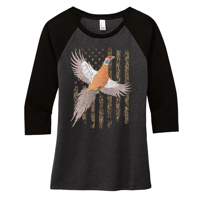 Pheasant Bird Hunting Usa American Flag Tree Camouflage Women's Tri-Blend 3/4-Sleeve Raglan Shirt