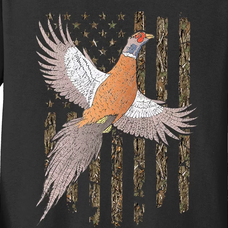 Pheasant Bird Hunting Usa American Flag Tree Camouflage Kids Long Sleeve Shirt