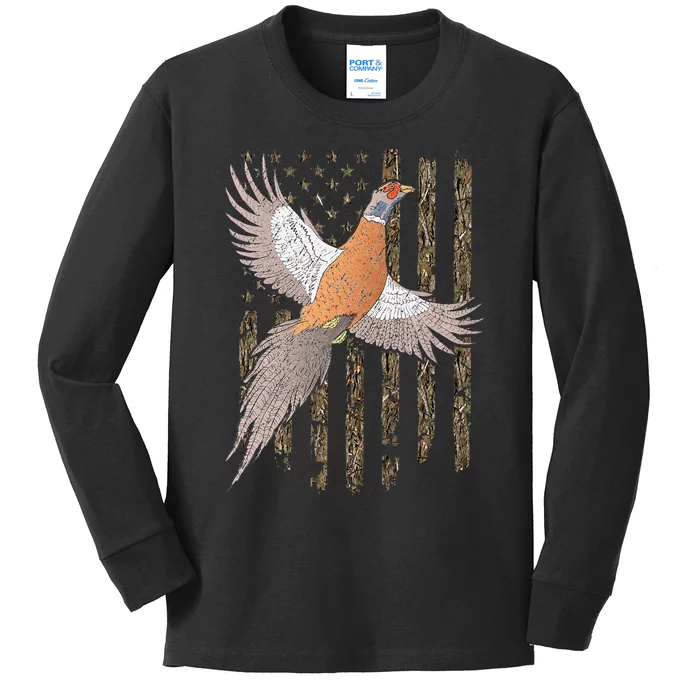 Pheasant Bird Hunting Usa American Flag Tree Camouflage Kids Long Sleeve Shirt